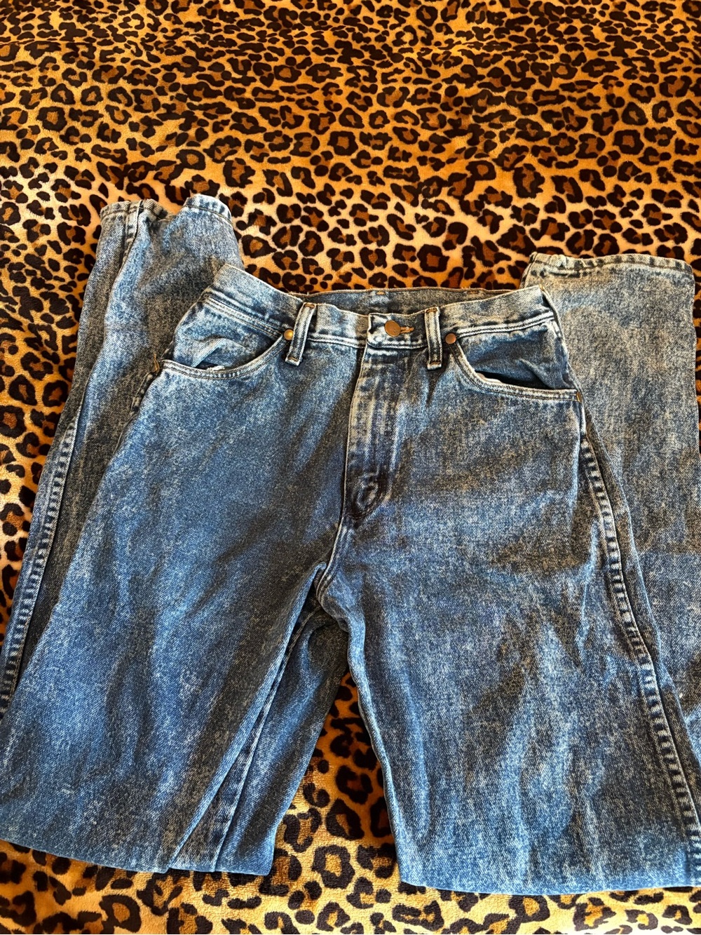 Wrangler Acid Wash Denim Jeans in Blue with Brown Patch